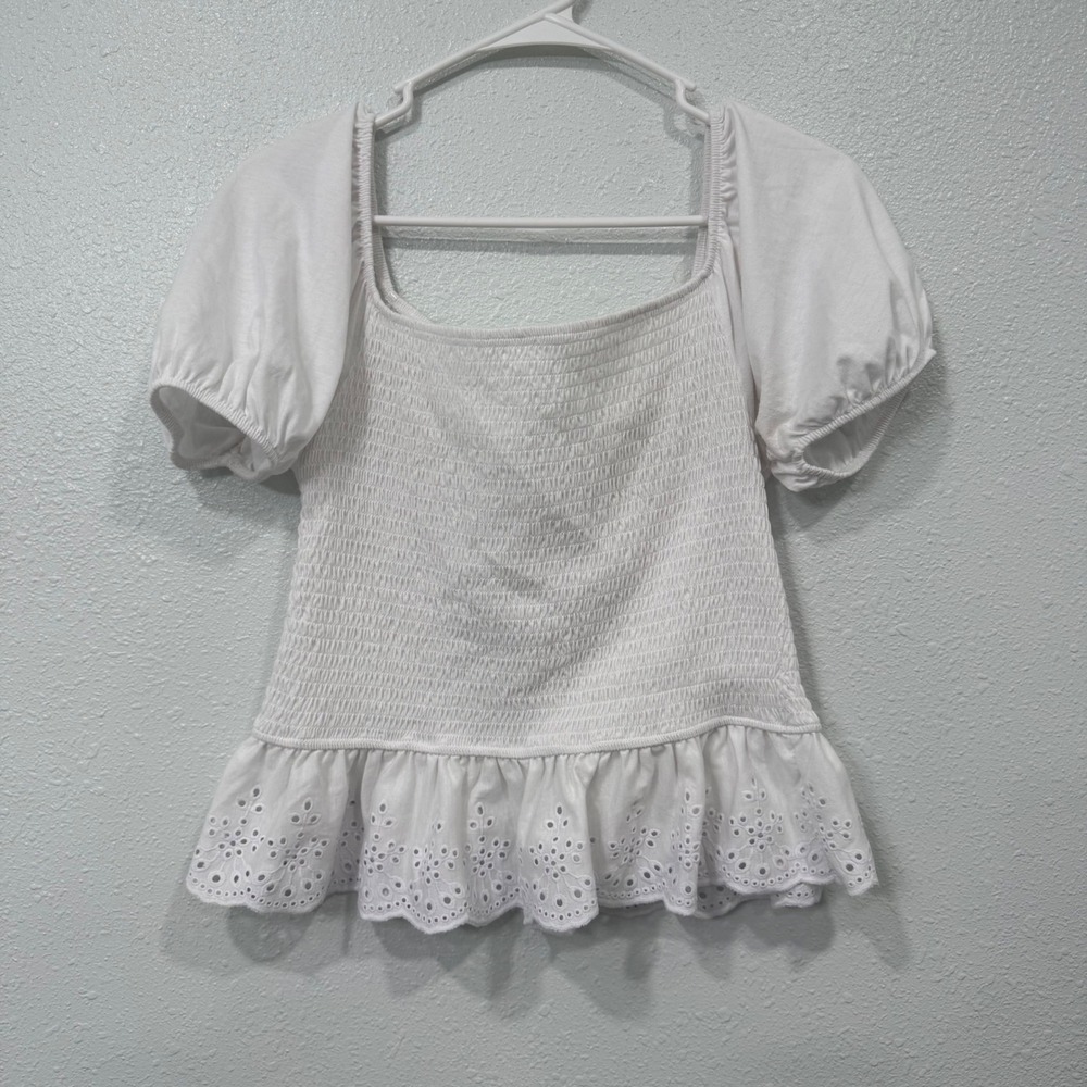 Justify White Smocked Eyelet Peplum‎ Top Short Puff Sleeve Square Neck Large